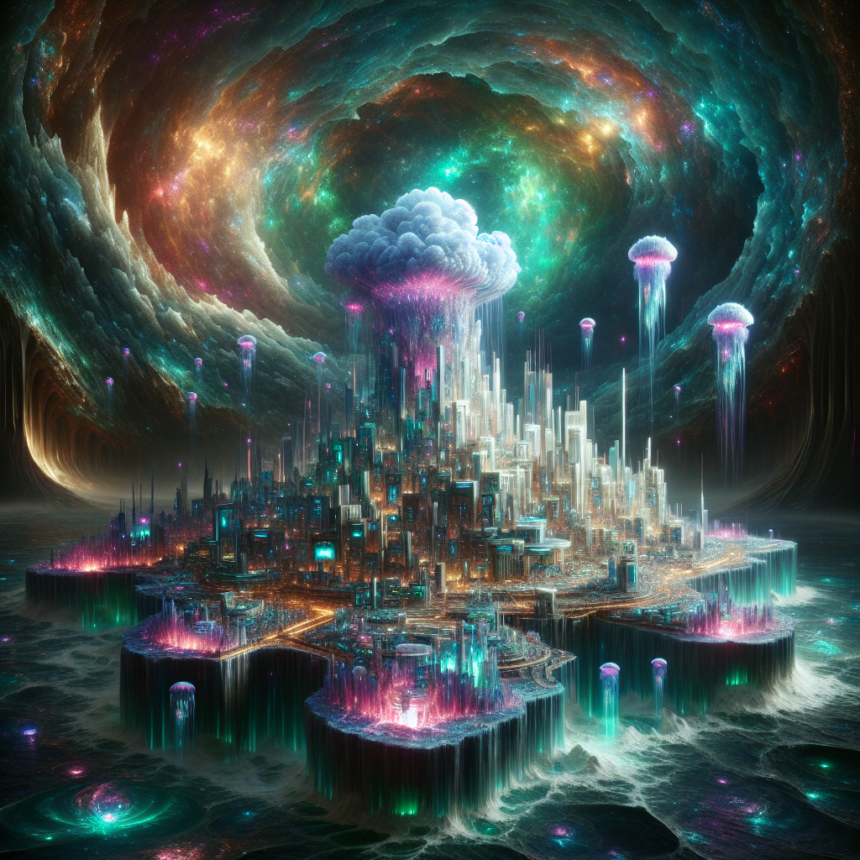 En livlig, futuristisk by med lysende skyskrabere ligger på en ø omgivet af vand. Over den oplyser svævende lyserøde vandmænd og en lysende sky en hvirvlende, kosmisk himmel i blågrønne, lilla og gyldne nuancer. - Kunstig intelligens AI