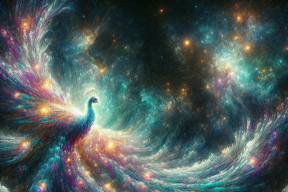 En levende, æterisk føniks lavet af hvirvlende, farverige stjerner og kosmisk lys stiger op fra skyerne på en drømmende, himmelsk nattehimmel. Billedet kombinerer fantasy- og rumelementer med glødende, tågelignende teksturer. - Kunstig intelligens AI