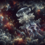 En lysende, æterisk vandmand svæver blandt hvirvlende, farverige tågeskyer og spredte stjerner og blander oceaniske og kosmiske elementer i en drømmeagtig, surrealistisk rumscene. - Kunstig intelligens AI