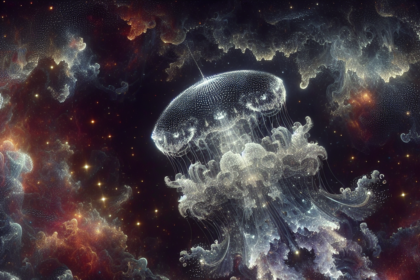 En lysende, æterisk vandmand svæver blandt hvirvlende, farverige tågeskyer og spredte stjerner og blander oceaniske og kosmiske elementer i en drømmeagtig, surrealistisk rumscene. - Kunstig intelligens AI