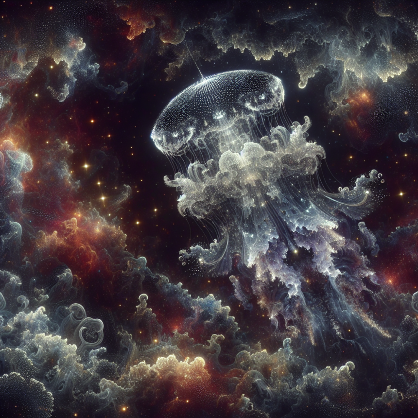 En lysende, æterisk vandmand svæver blandt hvirvlende, farverige tågeskyer og spredte stjerner og blander oceaniske og kosmiske elementer i en drømmeagtig, surrealistisk rumscene. - Kunstig intelligens AI