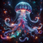 En glødende, gennemskinnelig vandmand flyder i en farverig, stjernefyldt kosmisk scene. Dens tentakler hænger nedenfor og skinner med levende lys, der blander blåt, rosa og lilla og skaber en surrealistisk, overjordisk effekt. - Kunstig intelligens AI