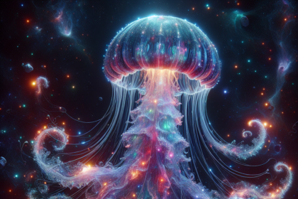 En glødende, gennemskinnelig vandmand flyder i en farverig, stjernefyldt kosmisk scene. Dens tentakler hænger nedenfor og skinner med levende lys, der blander blåt, rosa og lilla og skaber en surrealistisk, overjordisk effekt. - Kunstig intelligens AI