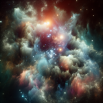 En levende, farverig stjernetåge i det ydre rum, fyldt med glødende stjerner, hvirvlende kosmisk støv og skylignende formationer i blå, orange og hvide nuancer mod en mørk baggrund. - Kunstig intelligens AI