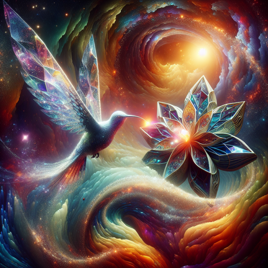 En lysende, krystallignende kolibri nærmer sig en strålende, mangefacetteret blomst i en hvirvlende, farverig kosmisk scene med levende stjerner og stjernetåger, der blander elementer af fantasy og rumkunst. - Kunstig intelligens AI