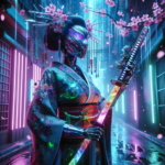 En futuristisk kvindelig robot i en traditionel kimono står i en neonoplyst gyde med en lysende katana i hånden. Kirsebærblomster falder omkring hende og blander cyberpunk-elementer med japansk kultur. - Kunstig intelligens AI