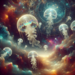Æteriske vandmænd med glødende, gennemsigtige kroppe svæver gennem et levende, kosmisk landskab fyldt med hvirvlende skyer, stjerner og geometriske mønstre og skaber en drømmeagtig, surrealistisk undervands-i-rummet-scene. - Kunstig intelligens AI