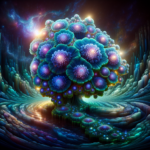 Et levende, glødende træ med blå og lilla fraktalblomster står i et surrealistisk, kosmisk landskab, omgivet af lysende, hvirvlende mønstre og fjerne stjerner. - Kunstig intelligens AI