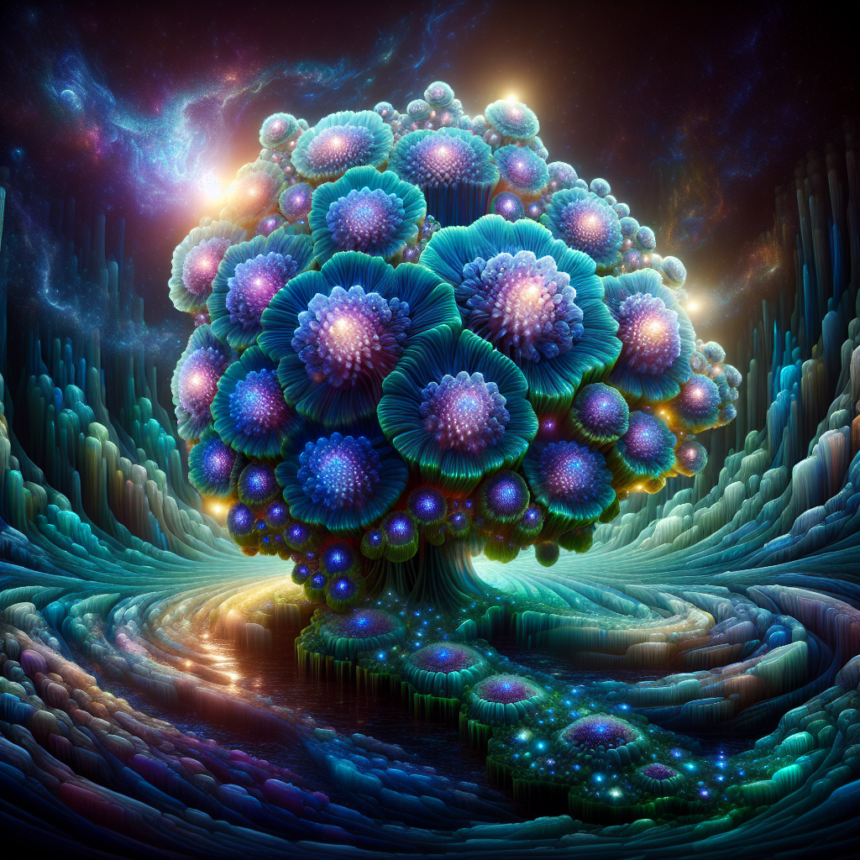 Et levende, glødende træ med blå og lilla fraktalblomster står i et surrealistisk, kosmisk landskab, omgivet af lysende, hvirvlende mønstre og fjerne stjerner. - Kunstig intelligens AI