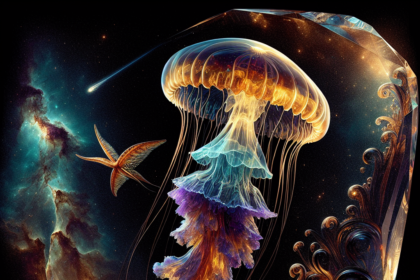 En glødende, æterisk vandmand flyder i en kosmisk scene med hvirvlende galakser, en lysende komet og en fugl, der svæver i nærheden, og blander elementer fra undervand og det ydre rum i et surrealistisk, levende kunstværk. - Kunstig intelligens AI