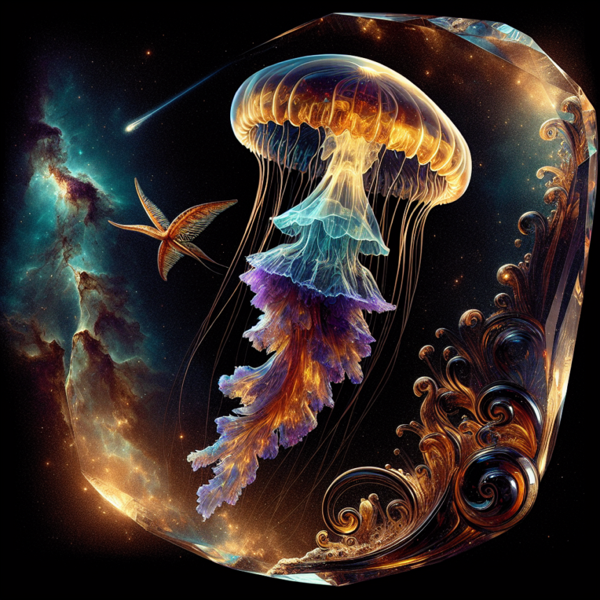 En glødende, æterisk vandmand flyder i en kosmisk scene med hvirvlende galakser, en lysende komet og en fugl, der svæver i nærheden, og blander elementer fra undervand og det ydre rum i et surrealistisk, levende kunstværk. - Kunstig intelligens AI