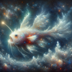 En lysende, æterisk havtaske lavet af hvirvlende stjernestøv svømmer gennem en kosmisk, stjernefyldt himmel og blander sig problemfrit med de omgivende tågelignende skyer og klare lyspunkter. - Kunstig intelligens AI