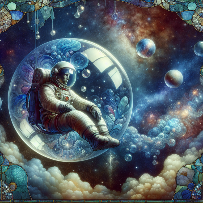 En astronaut svæver inde i en gennemsigtig boble i en farverig, surrealistisk scene fra det ydre rum med hvirvlende skyer, planeter, stjerner og indviklede dekorative mønstre rundt om kanterne. - Kunstig intelligens AI