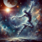 En kosmisk, æterisk figur lavet af hvirvlende skyer og stjerner danser over havets bølger under en lysende måne og en glødende stjerne på en levende, farverig nattehimmel. - Kunstig intelligens AI