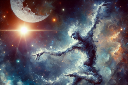 En kosmisk, æterisk figur lavet af hvirvlende skyer og stjerner danser over havets bølger under en lysende måne og en glødende stjerne på en levende, farverig nattehimmel. - Kunstig intelligens AI