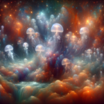 Blødt lysende vandmænd svæver blandt farverige, hvirvlende skyer og stjerner i en surrealistisk, drømmeagtig kosmisk scene, der blander hav- og rumelementer med levende, æterisk lys. - Kunstig intelligens AI