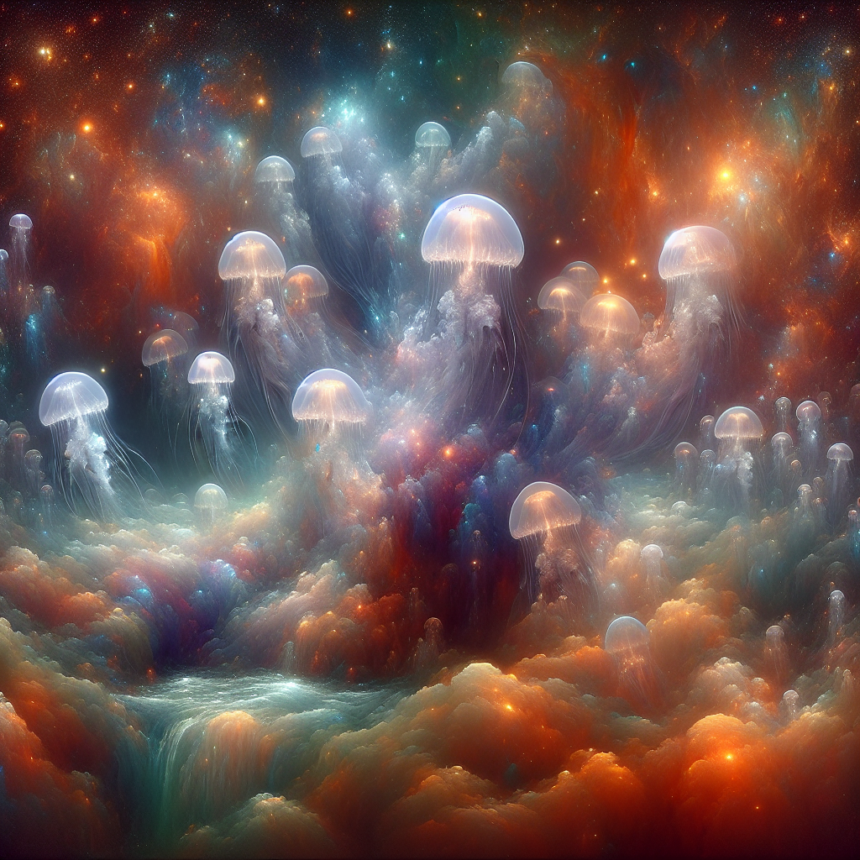 Blødt lysende vandmænd svæver blandt farverige, hvirvlende skyer og stjerner i en surrealistisk, drømmeagtig kosmisk scene, der blander hav- og rumelementer med levende, æterisk lys. - Kunstig intelligens AI