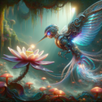 En selvlysende mekanisk kolibri svæver over en lysende lotusblomst i en mystisk skov fyldt med levende, bioluminescerende svampe og bløde solstråler, der strømmer gennem hængende mos. - Kunstig intelligens AI