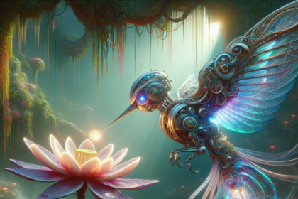 En selvlysende mekanisk kolibri svæver over en lysende lotusblomst i en mystisk skov fyldt med levende, bioluminescerende svampe og bløde solstråler, der strømmer gennem hængende mos. - Kunstig intelligens AI