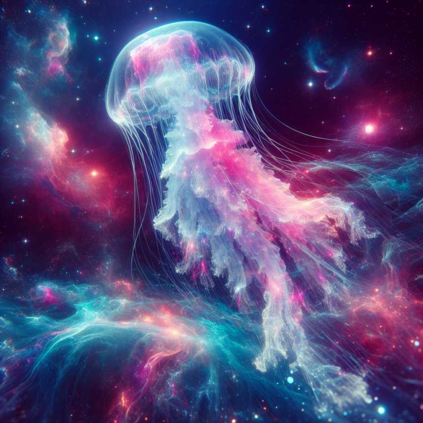 En glødende, gennemsigtig vandmand med pink, blå og hvide nuancer flyder gennem en farverig, kosmisk rumscene fyldt med stjerner og stjernetåger, der blander havliv med et surrealistisk miljø i det ydre rum. - Kunstig intelligens AI