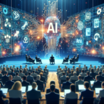 Et stort publikum deltager i en konference, hvor paneldeltagere diskuterer kunstig intelligens på scenen, mens en lysende AI og digitale ikoner vises på store skærme i baggrunden. - Kunstig intelligens AI