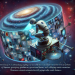 En robot analyserer et futuristisk digitalt arkiv fyldt med galakser og kosmiske fænomener, omgivet af stjerner og stjernetåger, mens lysende data ruller nedenunder. Teksten i bunden handler om AI, der analyserer astronomiske data. - Kunstig intelligens AI