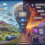 En split-scene illustration kontrasterer et lyst, futuristisk miljø med et mørkt, kaotisk. På begge sider ses mennesker, køretøjer og digitale skærme, der viser komplekse data og fede etiketter, som symboliserer kontrasterende teknologiske processer. - Kunstig intelligens AI