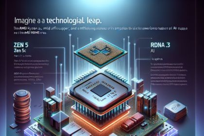 En futuristisk AMD-mikrochip sidder oven på et lysende bundkort, omgivet af mærkater som Zen 5, RDNA 3 og Epicenter CI.25, der fremhæver avanceret teknologi og innovation inden for computerhardware. - Kunstig intelligens AI