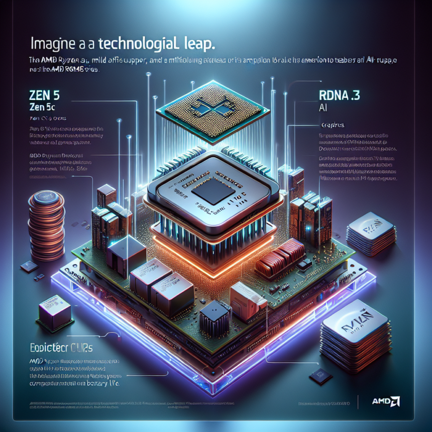 En futuristisk AMD-mikrochip sidder oven på et lysende bundkort, omgivet af mærkater som Zen 5, RDNA 3 og Epicenter CI.25, der fremhæver avanceret teknologi og innovation inden for computerhardware. - Kunstig intelligens AI