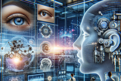 Futuristisk laboratorium med forskere ved computere, store digitale skærme, der viser menneskeansigter, mekaniske hjernediagrammer og et kæmpe robothoved, der symboliserer kunstig intelligens, neurovidenskab og avanceret teknologi. - Kunstig intelligens AI