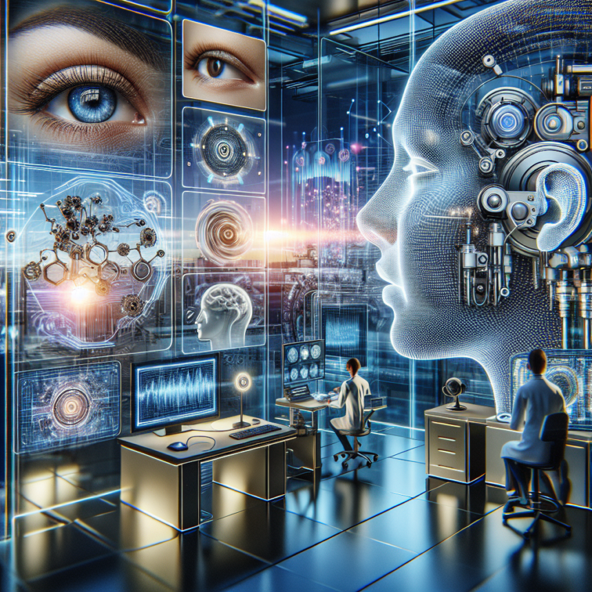 Futuristisk laboratorium med forskere ved computere, store digitale skærme, der viser menneskeansigter, mekaniske hjernediagrammer og et kæmpe robothoved, der symboliserer kunstig intelligens, neurovidenskab og avanceret teknologi. - Kunstig intelligens AI