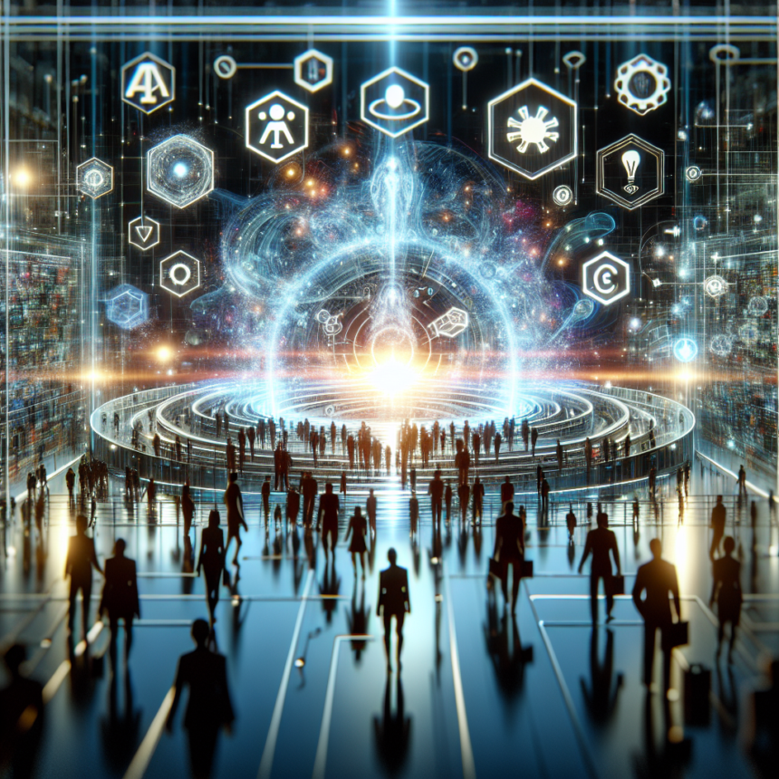 En futuristisk digital scene med silhuetter af mennesker, der går mod en lysende portal, omgivet af svævende teknologi- og videnskabsikoner i et levende, højteknologisk miljø. - Kunstig intelligens AI
