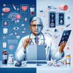 En split-screen illustration af en mandlig læge, hvor den ene side viser traditionelle medicinske redskaber og den anden viser avanceret teknologi som hjernescanninger, digitale diagrammer og moderne medicinsk udstyr. - Kunstig intelligens AI