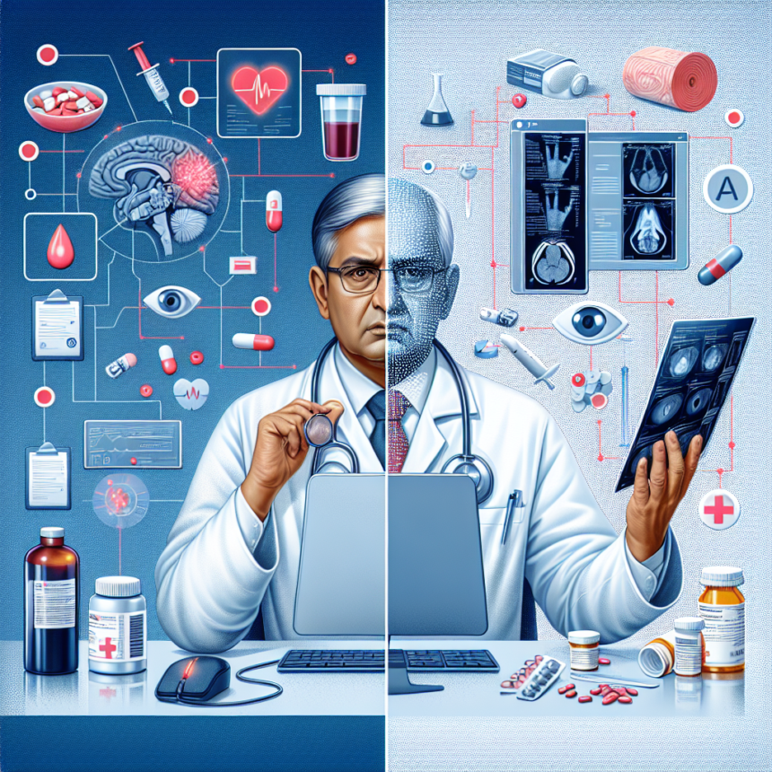 En split-screen illustration af en mandlig læge, hvor den ene side viser traditionelle medicinske redskaber og den anden viser avanceret teknologi som hjernescanninger, digitale diagrammer og moderne medicinsk udstyr. - Kunstig intelligens AI