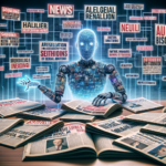 En humanoid robot lavet af digitale skærme sidder ved et skrivebord dækket af aviser, omgivet af flydende overskrifter og nyhedsgrafik, som symboliserer kunstig intelligens, der behandler store mængder nyheder og information. - Kunstig intelligens AI