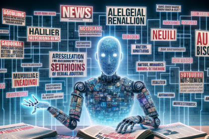 En humanoid robot lavet af digitale skærme sidder ved et skrivebord dækket af aviser, omgivet af flydende overskrifter og nyhedsgrafik, som symboliserer kunstig intelligens, der behandler store mængder nyheder og information. - Kunstig intelligens AI