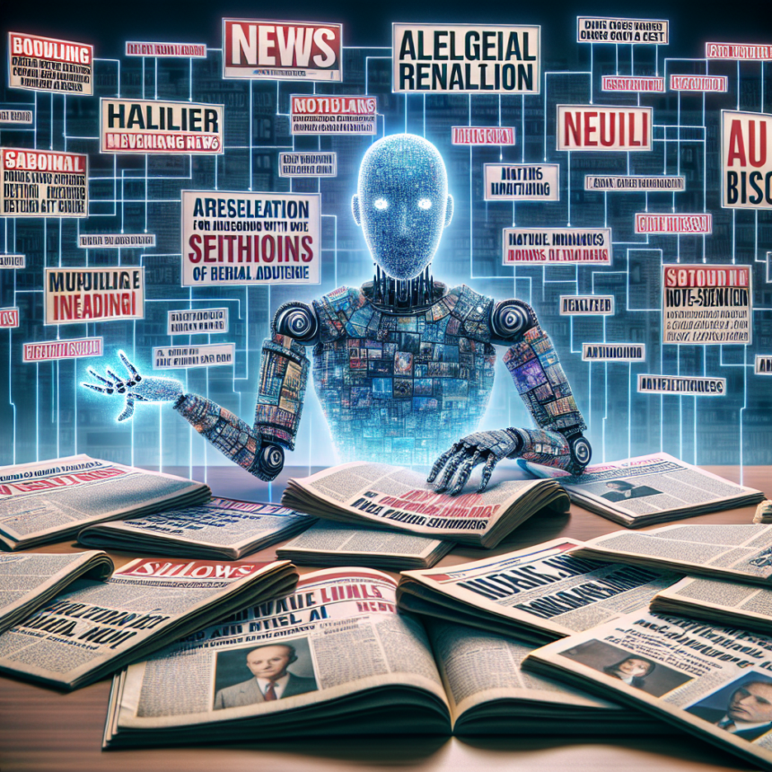 En humanoid robot lavet af digitale skærme sidder ved et skrivebord dækket af aviser, omgivet af flydende overskrifter og nyhedsgrafik, som symboliserer kunstig intelligens, der behandler store mængder nyheder og information. - Kunstig intelligens AI