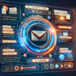 Et futuristisk digitalt dashboard viser AI-foreslåede opgaver til e-mailhåndtering med ikoner, notifikationer og datadiagrammer i en farverig, holografisk grænseflade centreret omkring et glødende konvolutsymbol. - Kunstig intelligens AI