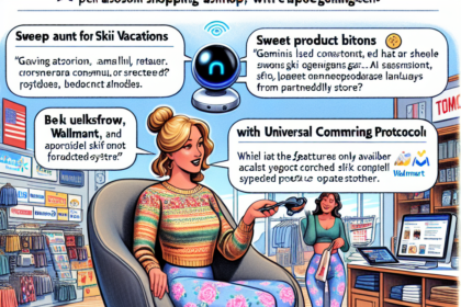 En kvinde handler i en moderne butik iført futuristiske skistøvler og hovedtelefoner. Digitale pop op-vinduer viser indkøbs- og betalingsmuligheder og fremhæver AI-assistance, universelle protokoller og direkte checkout-funktioner. - Kunstig intelligens AI