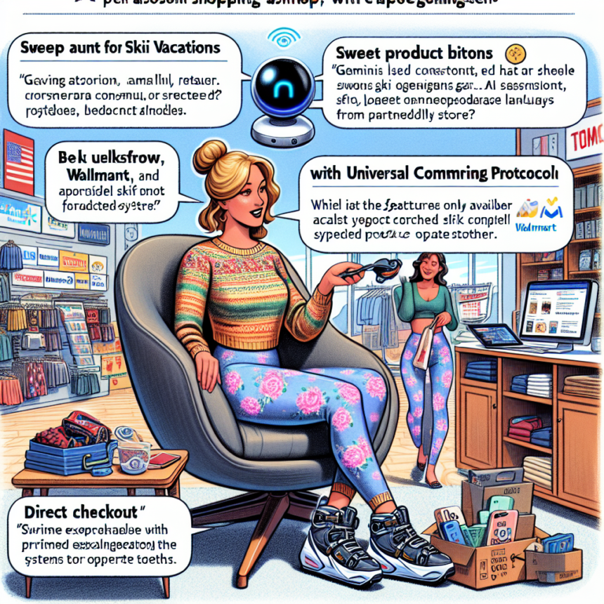 En kvinde handler i en moderne butik iført futuristiske skistøvler og hovedtelefoner. Digitale pop op-vinduer viser indkøbs- og betalingsmuligheder og fremhæver AI-assistance, universelle protokoller og direkte checkout-funktioner. - Kunstig intelligens AI