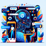 En farverig digital illustration viser et robotmenneskehoved omgivet af teknologiikoner, tandhjul og chatbobler. To personer interagerer med enheder, der symboliserer kommunikation og kunstig intelligens. - Kunstig intelligens AI