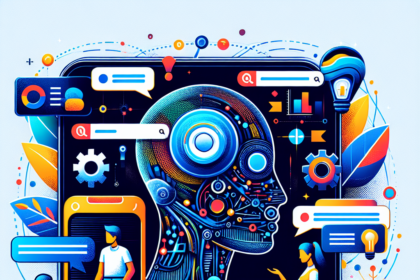 En farverig digital illustration viser et robotmenneskehoved omgivet af teknologiikoner, tandhjul og chatbobler. To personer interagerer med enheder, der symboliserer kommunikation og kunstig intelligens. - Kunstig intelligens AI