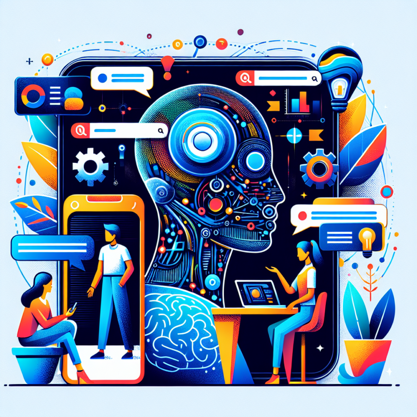 En farverig digital illustration viser et robotmenneskehoved omgivet af teknologiikoner, tandhjul og chatbobler. To personer interagerer med enheder, der symboliserer kommunikation og kunstig intelligens. - Kunstig intelligens AI