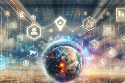 En digital illustration af jorden omgivet af lysende teknologiikoner, datastrømme og netværksforbindelser, der repræsenterer global digital opkobling og informationsudveksling i et futuristisk miljø. - Kunstig intelligens AI