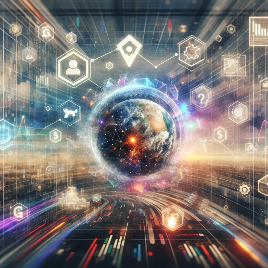 En digital illustration af jorden omgivet af lysende teknologiikoner, datastrømme og netværksforbindelser, der repræsenterer global digital opkobling og informationsudveksling i et futuristisk miljø. - Kunstig intelligens AI