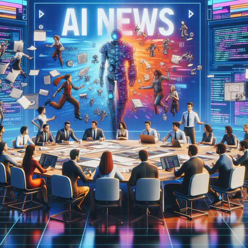 En forskelligartet gruppe fagfolk sidder omkring et stort bord med bærbare computere og diskuterer nyheder, mens en digital skærm viser AI NEWS, og en delt robot-menneske-figur, omgivet af animerede figurer og data, dominerer den futuristiske baggrund. - Kunstig intelligens AI