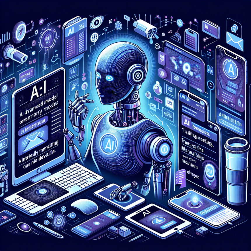 En futuristisk robot omgivet af digitale skærme, enheder og datastrømme, der illustrerer kunstig intelligens og avancerede teknologikoncepter i et glødende blåt og lilla farveskema. - Kunstig intelligens AI