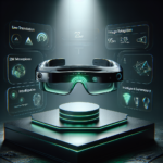 Et par futuristiske smartbriller svæver over en oplyst piedestal, omgivet af holografiske skærme, der viser funktioner som live-oversættelse, billedgenkendelse, AI-resuméer og kameraspecifikationer i højteknologiske omgivelser. - Kunstig intelligens AI