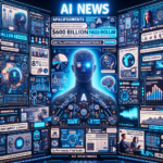 Et futuristisk digitalt nyhedsdashboard viser overskrifter, diagrammer og statistikker om AI med en lysende humanoid figur i midten omgivet af skærme og infografik, der fremhæver fremskridt, investeringer og innovationer inden for kunstig intelligens. - Kunstig intelligens AI