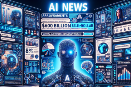 Et futuristisk digitalt nyhedsdashboard viser overskrifter, diagrammer og statistikker om AI med en lysende humanoid figur i midten omgivet af skærme og infografik, der fremhæver fremskridt, investeringer og innovationer inden for kunstig intelligens. - Kunstig intelligens AI